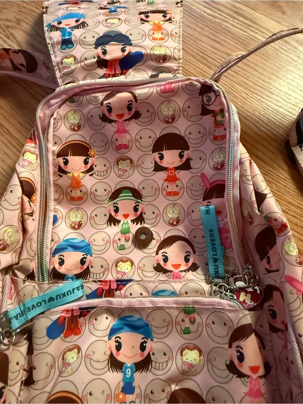 Harajuku Lovers Pink Character Print Mini Backpack with Rainbow Straps